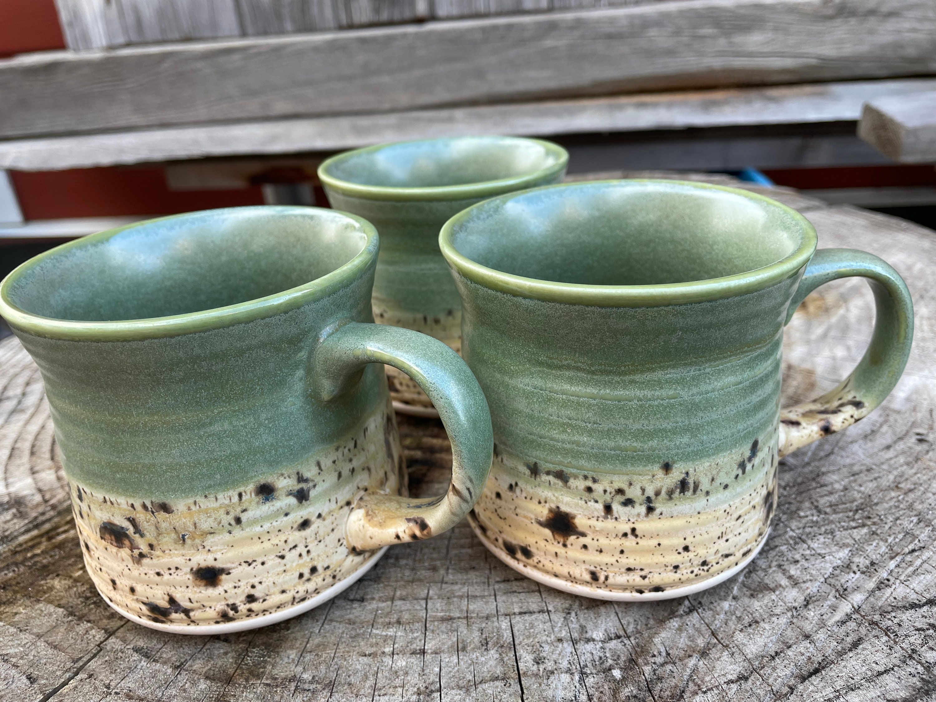Pottery Travel Mug No Spill Wide Base Narrow Top Ceramic Coffee Cup In  Landscape Layers of Glaze Blue Green Grey Water Mountains