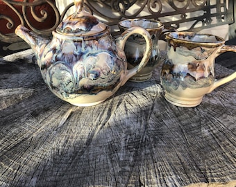 SET: Stoneware T-Pot and 2 Curvy Mugs | Alberta Dawn | Custom Glazed | Keeps Tea HOT! | Great Gift Idea | Big Savings