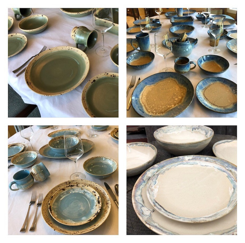 May include: A collection of ceramic plates and bowls in various shades of blue and green with speckled glaze. The plates and bowls are arranged on a white tablecloth.