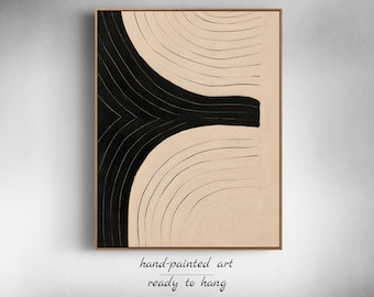 Arte de parede bege Wabi Sabi Pintura abstrata bege preta Grande arte de parede minimalista preta Pintura em tela texturizada bege Decoração de parede neutra