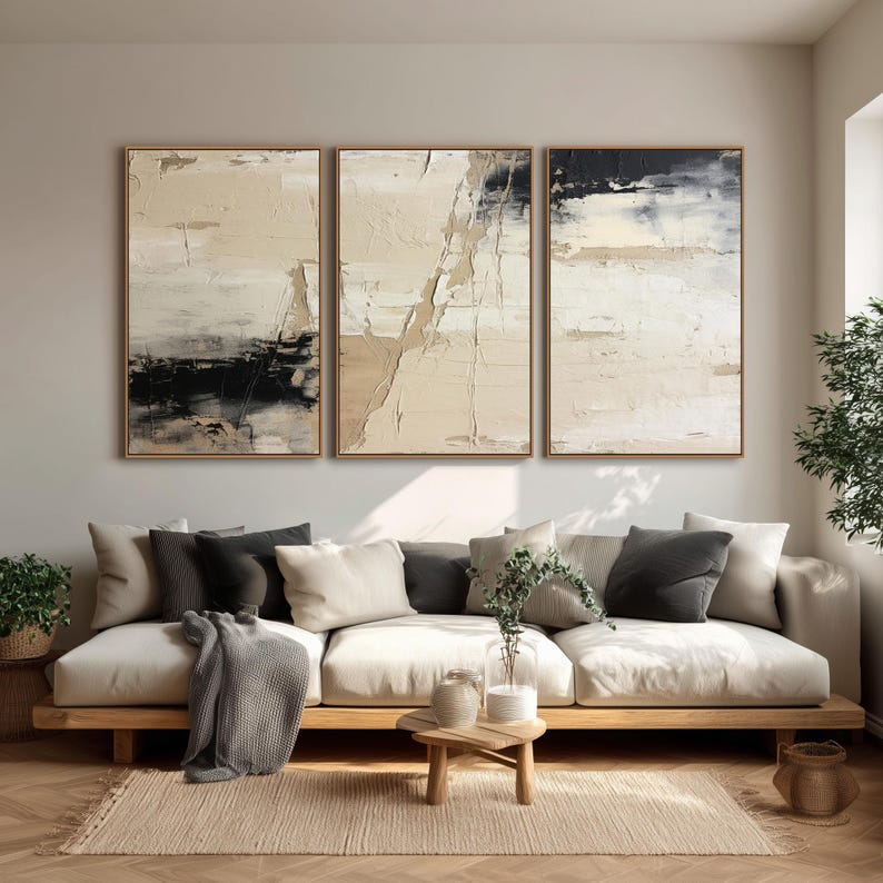Black and Beige 3 Panel Wall Art Set | Wabi Sabi 3D Canvas Painting 3 ...