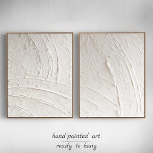 Set of 2 Modern White Textured Wall Art – Extra Large 3D Plaster Canvas Paintings, Minimalist Wall Art for Dining Room or Laundry Room Decor