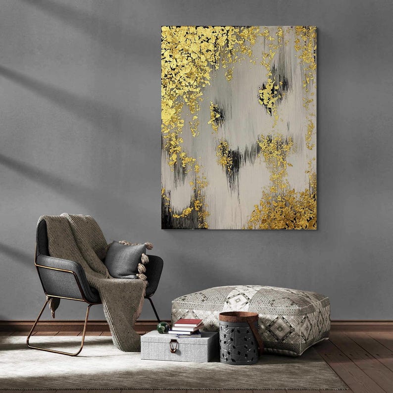Oversized painting with gold and neutral tones, enhancing luxury interior decor