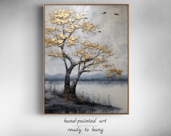 Arbre de vie doré surdimensionné, empâtement, très grande peinture d'art mural pour une décoration au-dessus du lit, peinture abstraite originale pour un cadeau pour une nouvelle maison