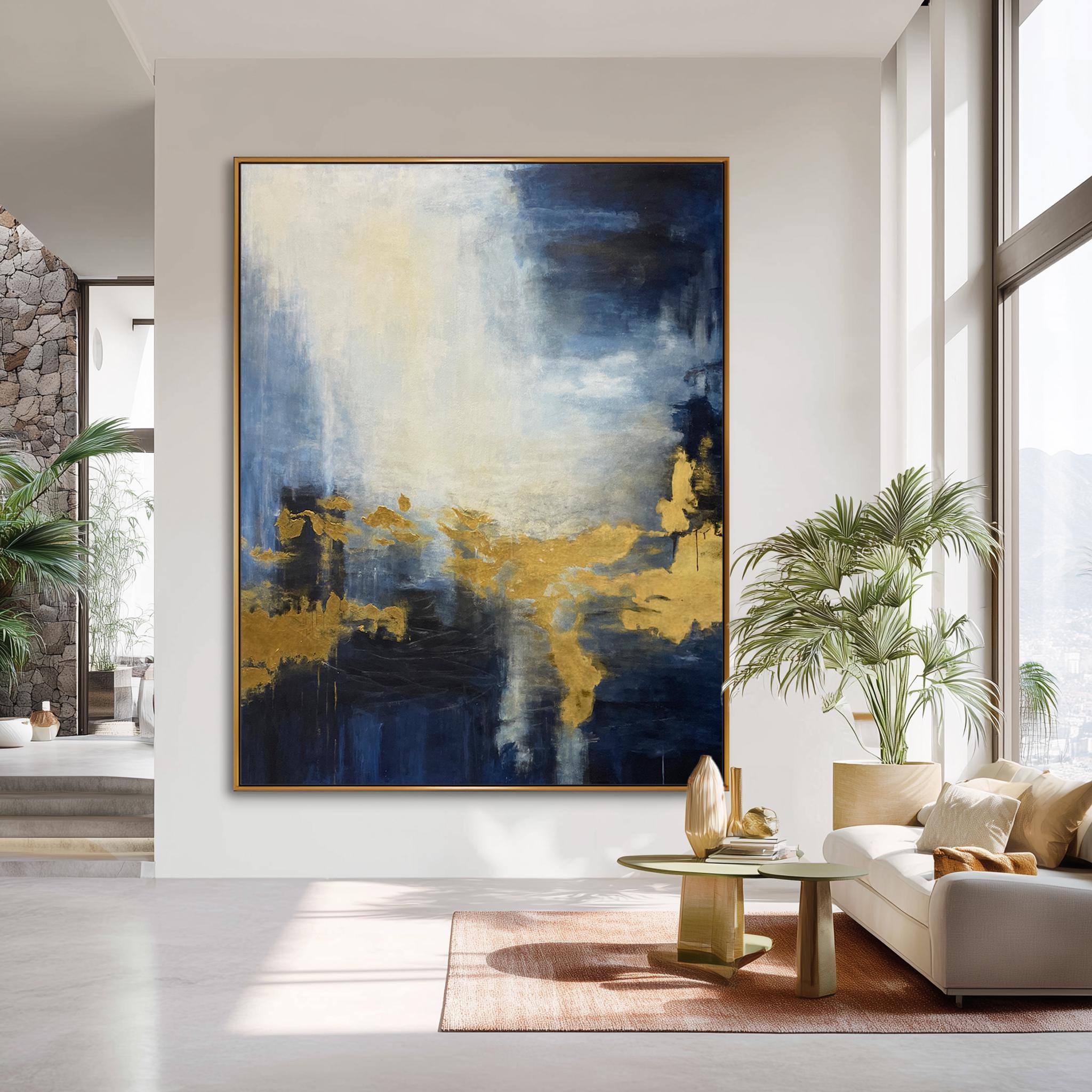 Navy Blue and Gold Abstract Wall Art - Modern Minimalist Wall Art for ...