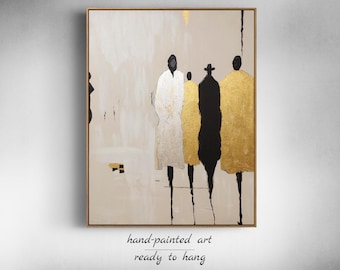Framed Faceless People Art - Abstract Black Gold Silhouette Minimalist Painting for Modern Bedrooms, Offices, or Apartment Decor