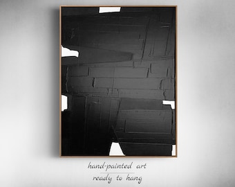 Textured Black and White Geometric Art – Framed Minimalist Plaster Wall Decor