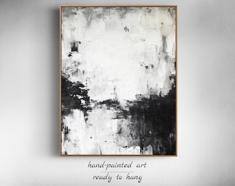 Textured Black White Abstract Wall Art – Framed Minimalist Plaster Canvas for Japandi or Wabi Sabi Minimalist Interiors
