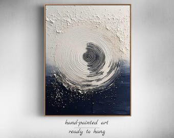 Navy Blue and White Textured Wall Art - Large Framed Decor for Modern Room, Unique Commission Painting for Above Bed Decor