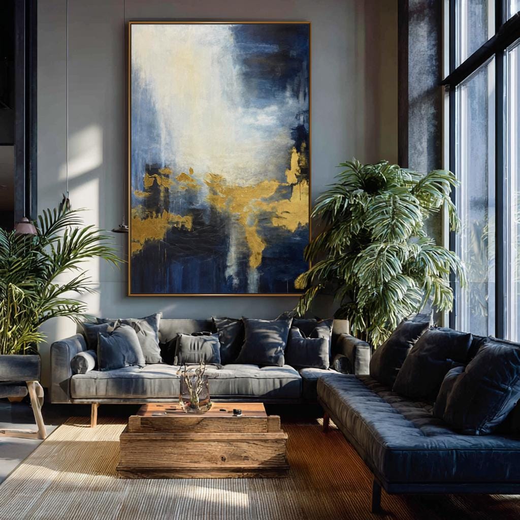 Navy Blue and Gold Abstract Wall Art - Modern Minimalist Wall Art for ...