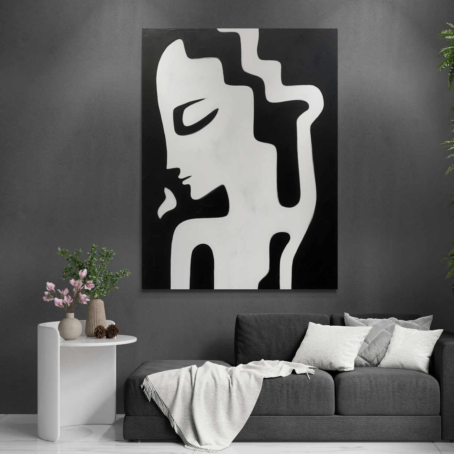 Modern Black and White Abstract Face Art - Dining Room Wall Decor ...