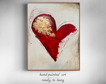 Abstract Red Heart Painting – Red and Gold Love Wall Art Framed for Bedroom Decor or Valentine Gift
