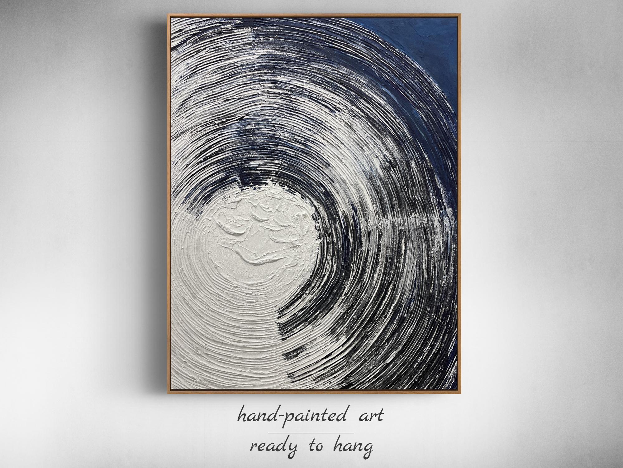 Navy Blue and White Abstract Textured Wall Art – Large 3D Plaster ...