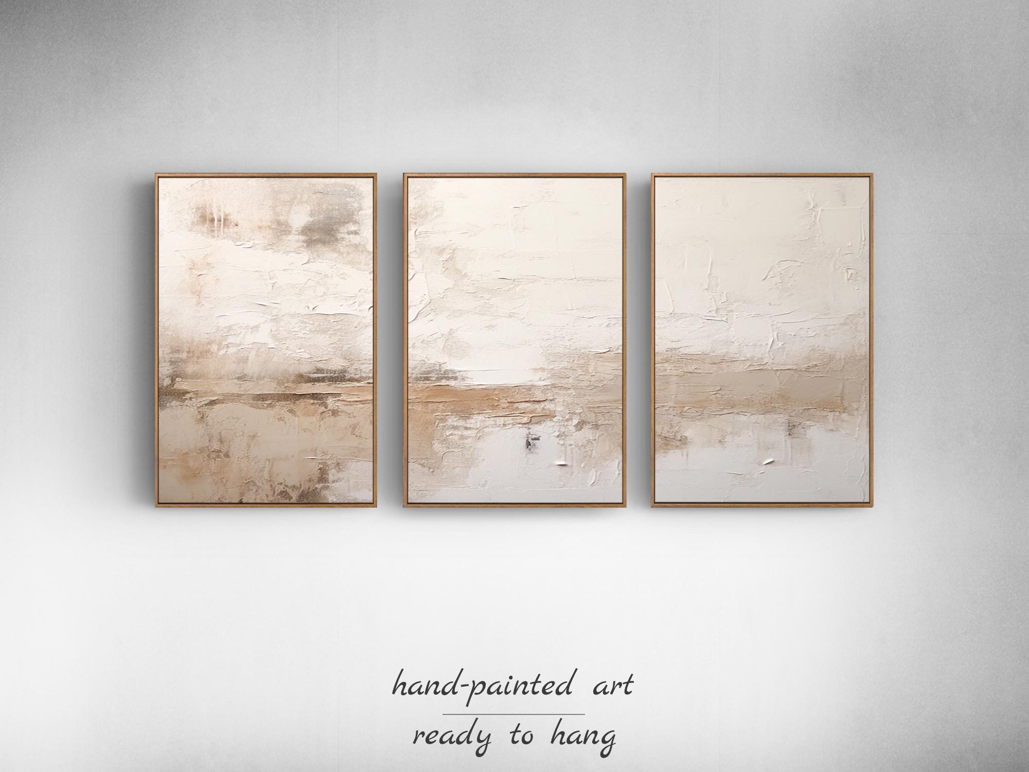 Set of 3 Abstract Textured Wall Art – Framed Neutral Triptych in