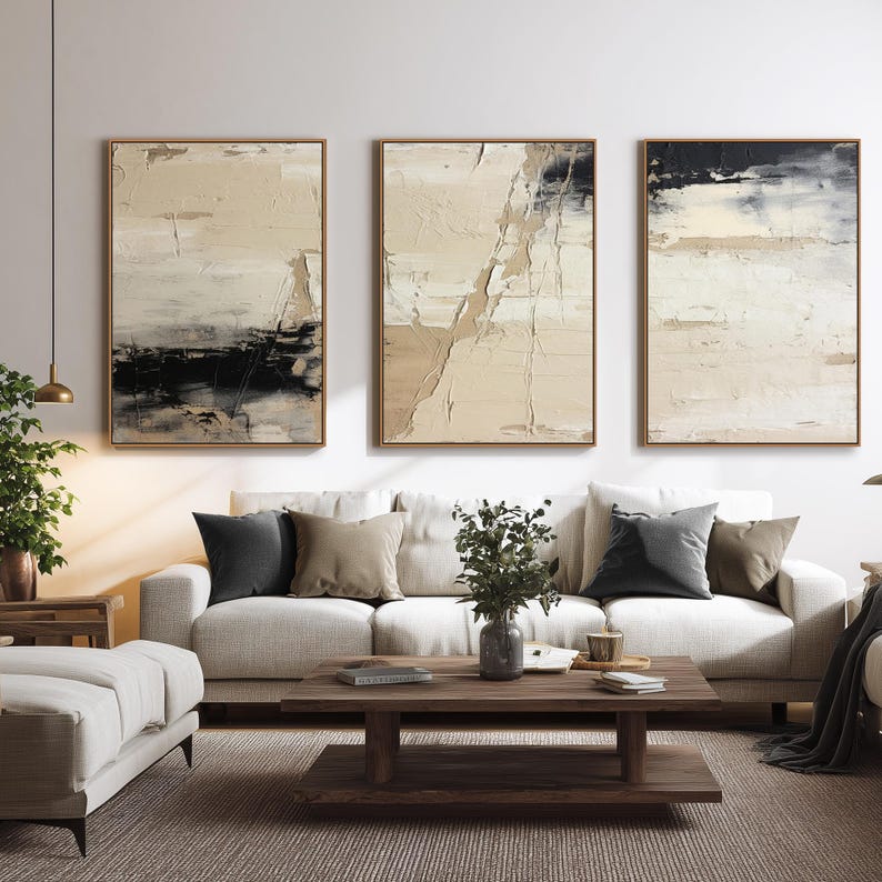 Black and Beige 3 Panel Wall Art Set | Wabi Sabi 3D Canvas Painting 3 ...
