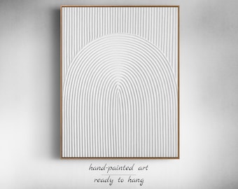 Grote witte gipsen muurkunst | Minimalistisch 3D-canvas met structuur | Scandinavisch neutraal kunstwerk voor eetkamer of boven het bed