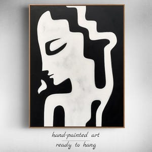 Modern Black and White Abstract Face Art - Dining Room Wall Decor, Black and White Painting - Unique Oversized Wall Decor