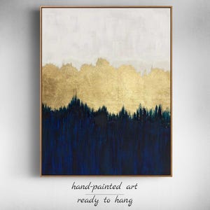 Framed Blue White Gold Painting Minimalist Wall Art for Office or Living Room