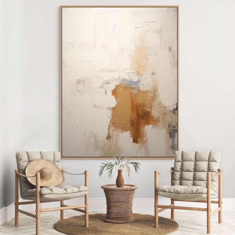 Extra large neutral painting with sculptural plaster texture, perfect for modern living rooms
