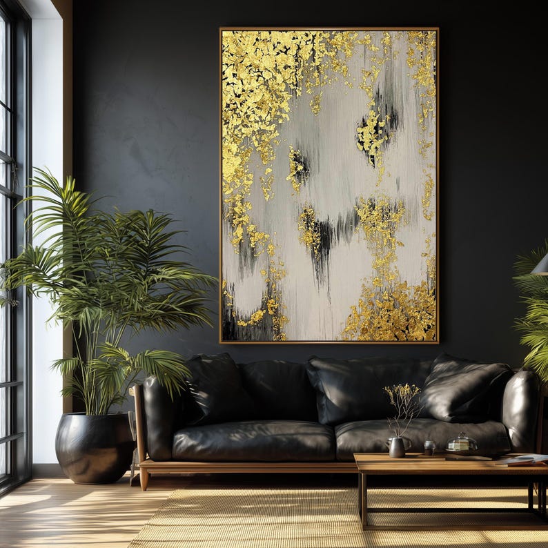 Large Gold Leaf Abstract Painting – Contemporary Grey and Gold Framed Art for Office or Living Room image 3