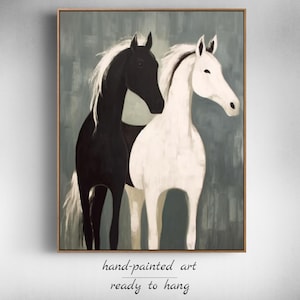 Original Horse Painting Modern Sage Green Wall Art for Horse Lovers, Oversized Horse Artwork, Extra Large Framed Painting for Trendy Walls