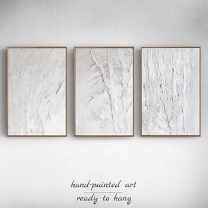 Triptych 3 Piece White Wall Art – Extra Large Framed Plaster Textured Canvas Set, 3D Minimalist Art for Modern Living Room or Bedroom Decor