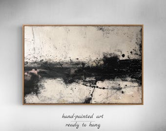 Beige en zwarte abstracte muurkunst – extra groot Japandi-canvas met lijst voor minimalistische decoratie