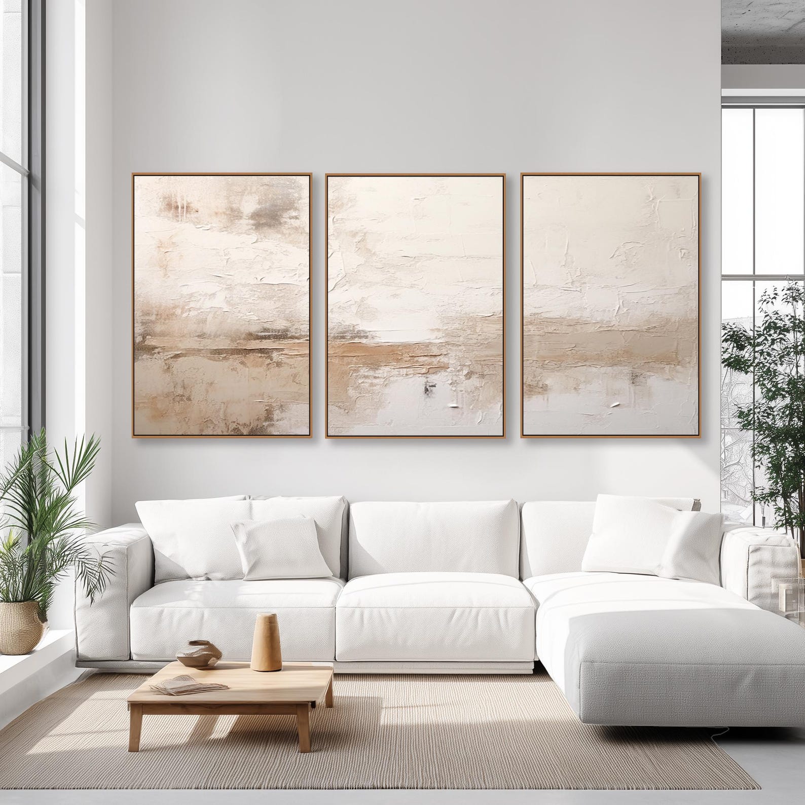 Set of 3 Abstract Textured Wall Art – Framed Neutral Triptych in Wabi ...