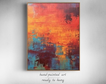 Arte mural azul y naranja - Arte mural colorido - Pintura de fuego naranja y azul para una decoración del hogar abstracta y única