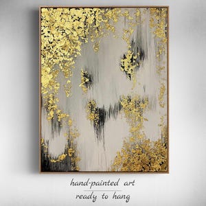 Gold Leaf Abstract Painting, Oversized Modern Art, Luxury Wall Art for Living Room, Grey Canvas with Gold Foil, Large Abstract Brush Art