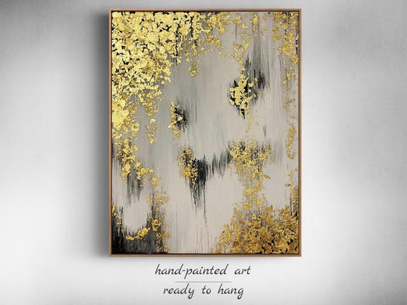 Large Gold Leaf Abstract Painting – Contemporary Grey and Gold Framed Art for Office or Living Room