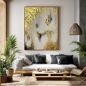 Large Gold Leaf Abstract Painting – Contemporary Grey and Gold Framed Art for Office or Living Room image 5