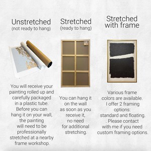 May include: Three images showing the different ways a painting can be shipped. The first image shows a painting rolled up in a tube. The second image shows a painting stretched on a wooden frame. The third image shows a painting stretched on a wooden frame and placed in a frame. The text below the images describes the different options.
