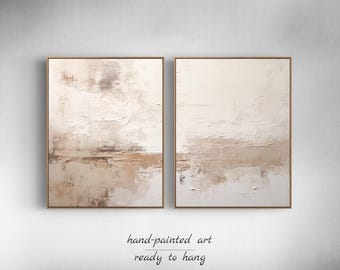 Extra grote neutrale muurkunst, set van 2 – tweeluikkunst met textuurschilderij voor boho-interieur en modern huis, slaapkamer of woonkamer
