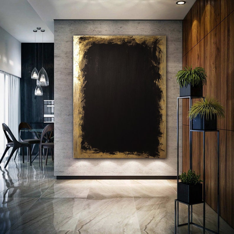 Art Black And Gold Leaf Abstract Canvas Painting Gold Black Extra Large Minimal Art Black Gold Leaf Painting Gothic Decoration