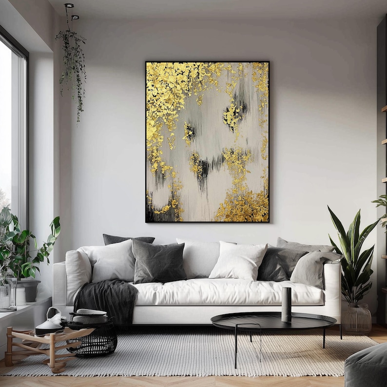 Large Gold Leaf Abstract Painting – Contemporary Grey and Gold Framed Art for Office or Living Room image 6