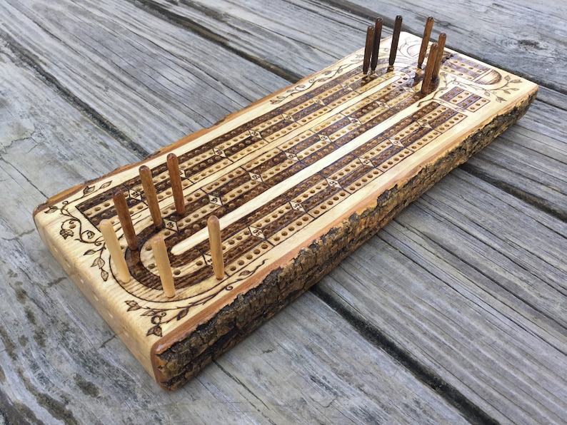 Wood Burned Cribbage Board (2,3, or 4 Lane) image 1