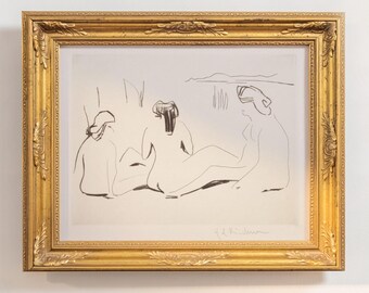 Three Bathers Digital Download Art | Expressionist Nude Sketch Printable, Raw Ink Drawing Wall Decor, Modernist Figure Print