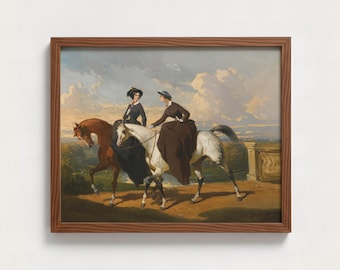 Two Women on Horses Digital Download | Vintage Equestrian Oil Painting Printable, Classic Side Saddle Art, Victorian Horseback Decor