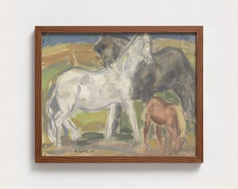 Three Horses Art Digital Download | Impressionist Horse & Foal Landscape Print, Modern Vintage Animal Wall Decor, Colorful Farmhouse Decor