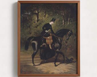 Digital Download Equestrian Art | Vintage Woman on Black Horse Print, Moody Dark Academia Wall Art, Victorian Sporty Heritage Decor