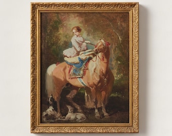 Equestrian Art Digital Download | Vintage Horse and Hound Oil Painting, Blonde Woman on Chestnut Mare, Romantic Heritage Wall Decor