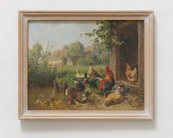 Farmhouse Art Digital Download | Vintage Chicken and Duck Oil Painting, Country Pond Landscape Printable, Rustic Barnyard Decor