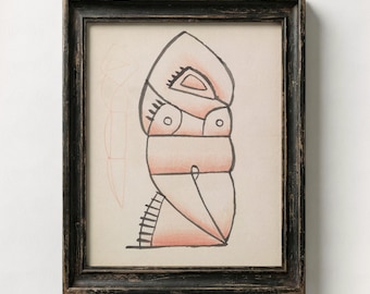 Abstract Crouching Figure Digital Download | Printable Red Geometric Tribal Sketch, Terracotta Modernist Wall Art, Paul Klee Style Line Art