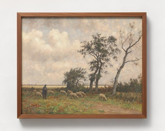 Pastoral Landscape with Sheep Digital Download | Vintage Oil Painting Printable, Countryside Shepherd Art, Rustic Meadow Wall Decor
