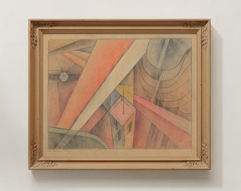Digital Download Abstract Architecture Art | Red Geometric Cubist Wall Decor, Bauhaus Style Printable, Mid-century Modern Tower Print