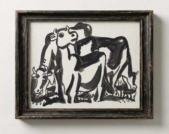 Three Cows Sketch Digital Download | Minimalist Woodcut Art Printable, Monochrome Farmhouse Decor, Expressionist Animal Ink Drawing