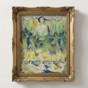 May include: A framed painting in a gold ornate frame. The artwork shows figures in different poses, with blues, greens, and yellows. The painting is in a classical style, with a detailed gold frame.