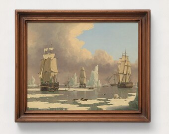 The Northern Whale Fishery Digital Download | Vintage Maritime Oil Painting Printable, Antique Sailing Ship Art, Arctic Nautical Wall Decor