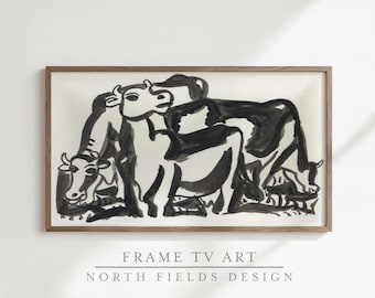 Cow Frame TV Art | Minimalist Black & White Sketch, Digital Download for Samsung Frame TV, Modern Farmhouse Decor, Ink Drawing